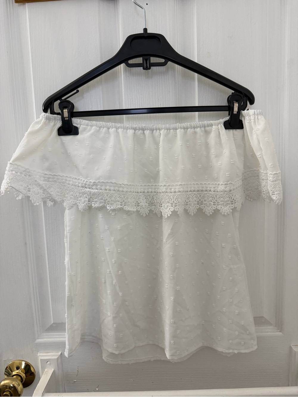 White Off-Shoulder Swiss Dot Top with Lace Trim